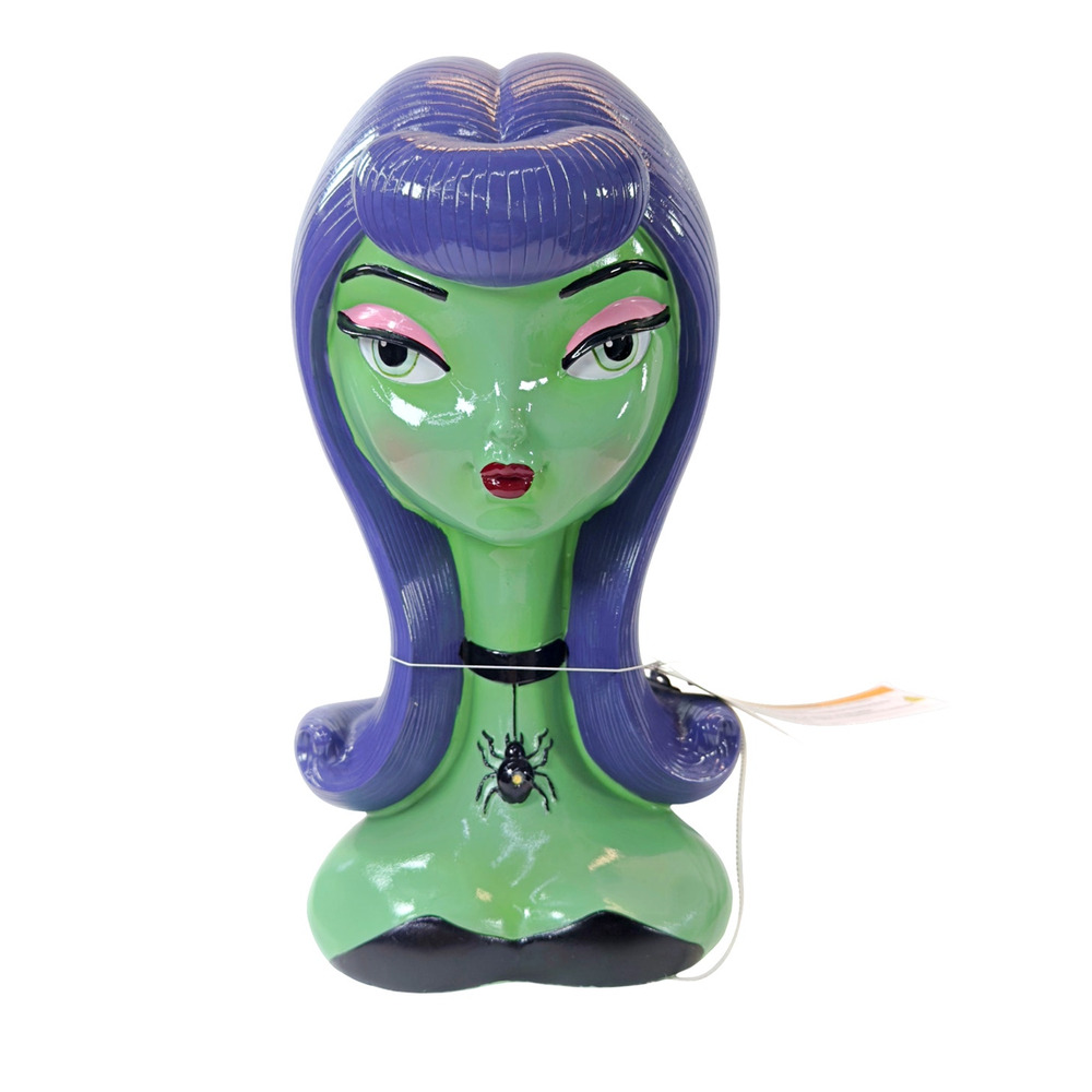 Viral Halloween Green Girl Purple Hair Bust LED Spider Necklace Bella Lux NWT